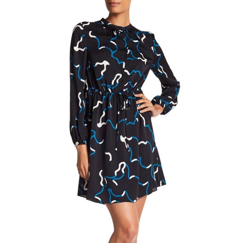 DIANE VON FURSTENBERG LINDI SILK SHIRT SHIRT DRESS SZ 8 TIE WAIST BLACK BLUE DVF